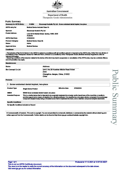 Australia Implants Certificate